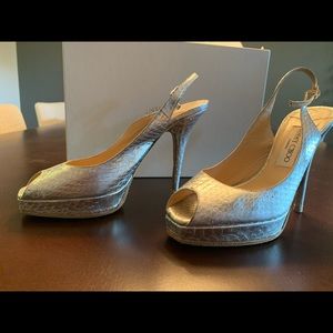 Jimmy Choo Silver Slingback Platform Heels~7.5